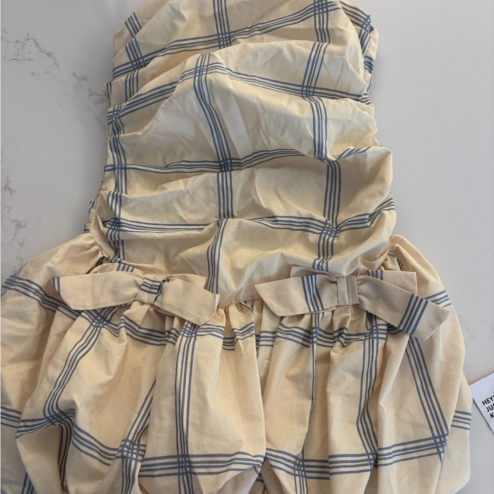 ASOS Beige Plaid Mini Dress with Blue Windowpane Stripes